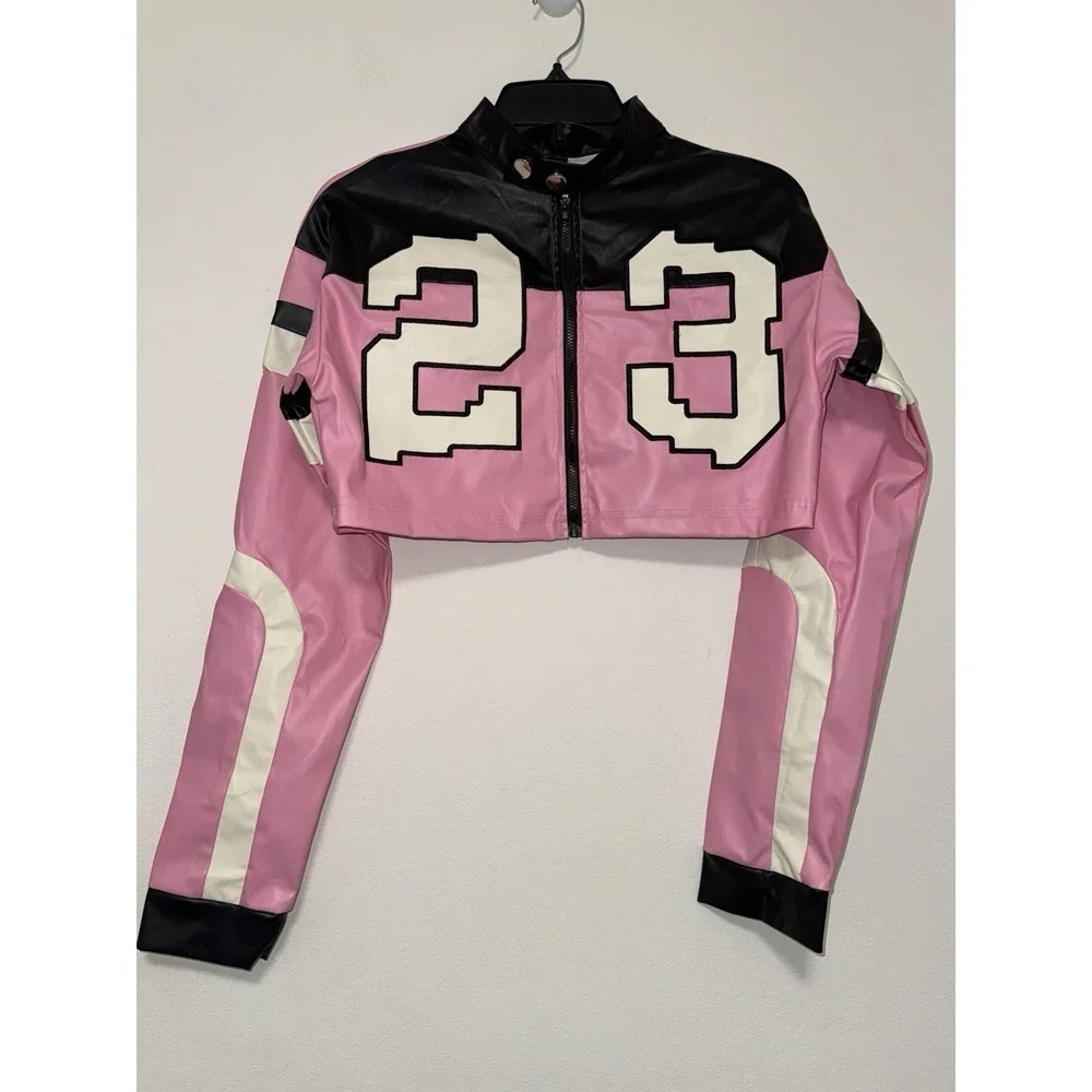 Leather Cropped Motorcycle Y2K Letter Bomber Jacket Size XS